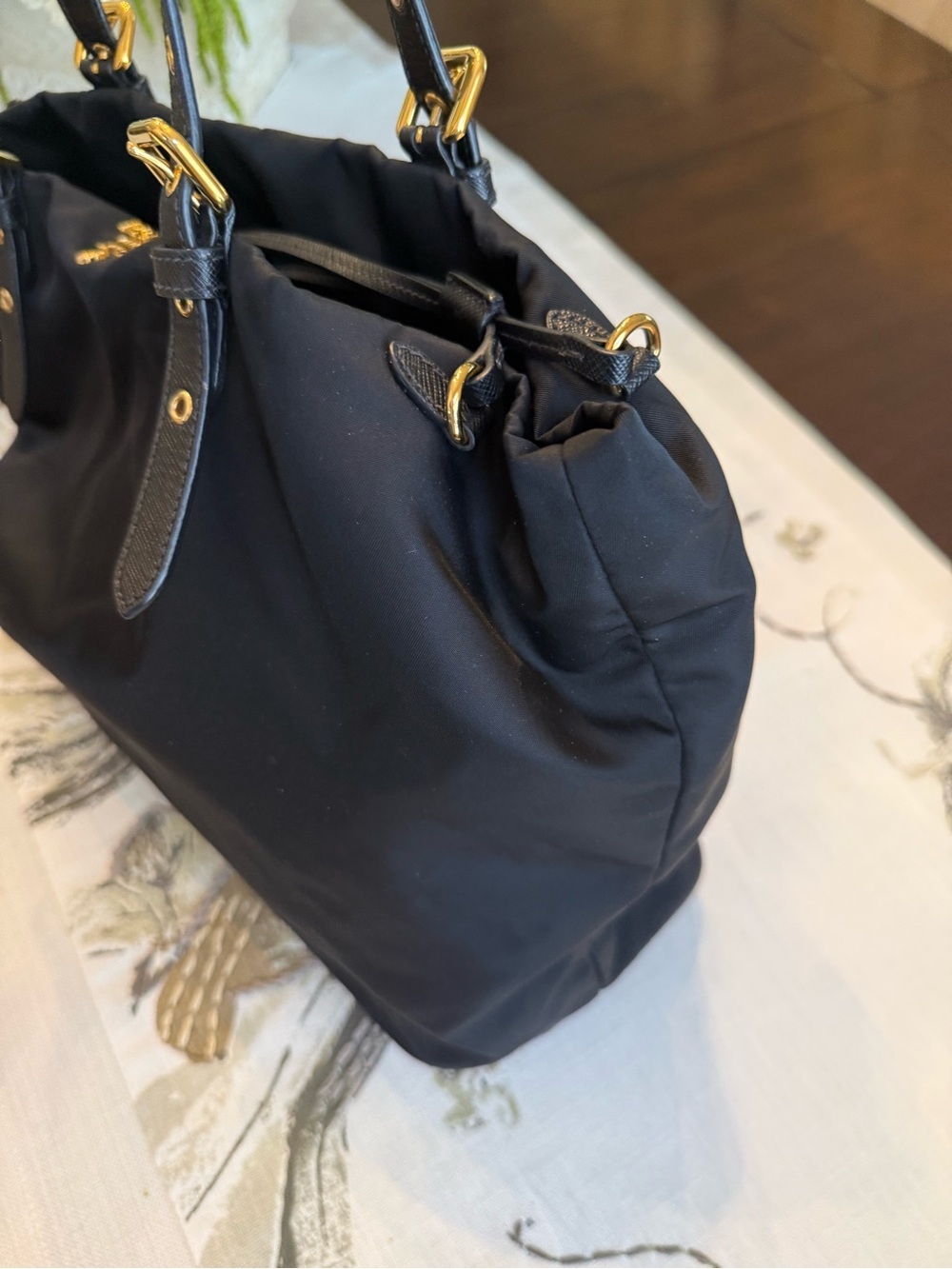 Black Nylon Tote with Gold Hardware - Leather Strap Shoulder Bag - Picture 3 of 8